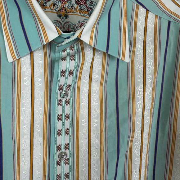 Mens Robert Graham Tan Green Striped Embroidered Button Up Flip Cuff  Shirt 2XL - Picture 4 of 10